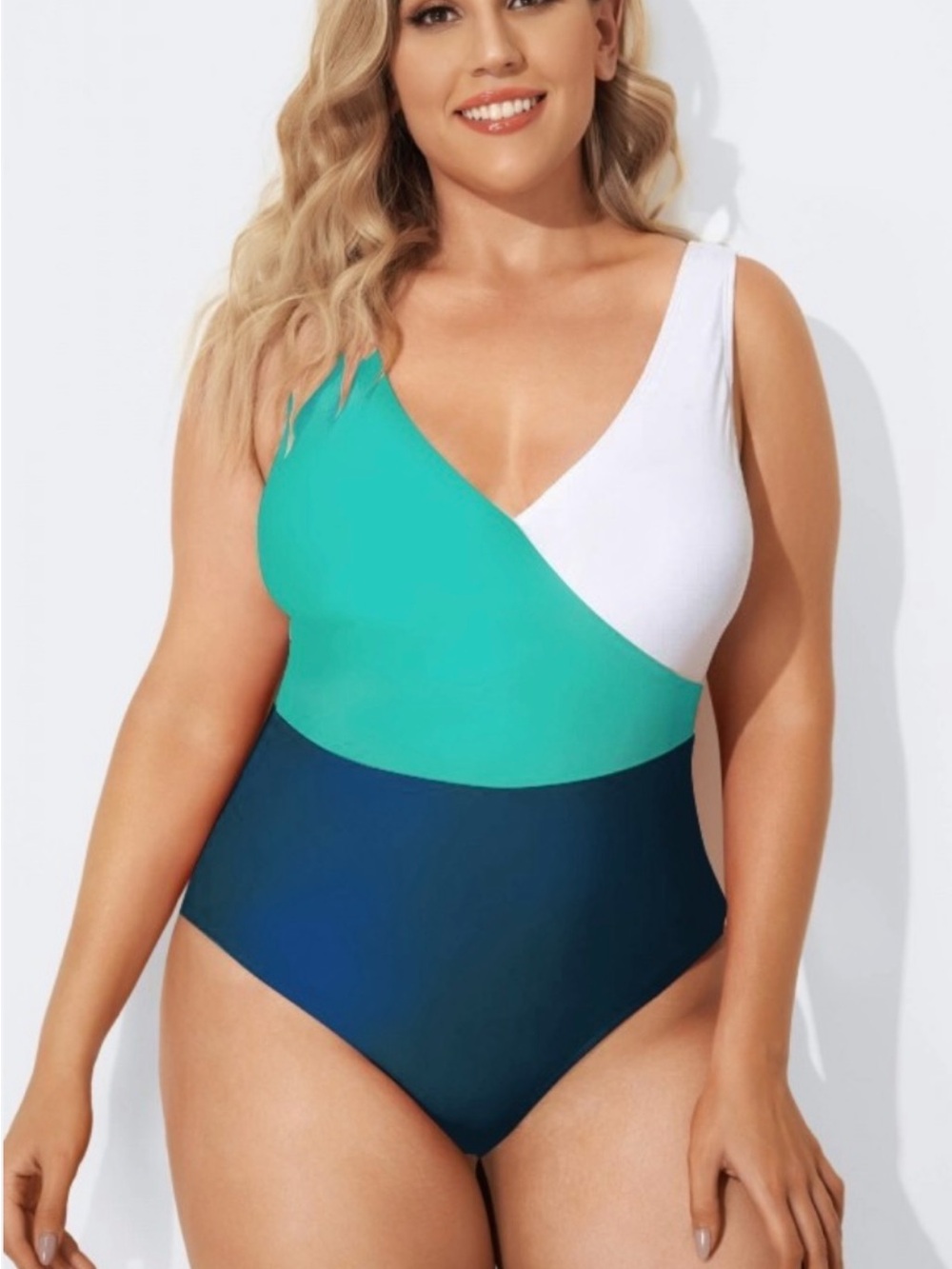 Plus-Size Colorblock V-Neck One-Piece Swimsuit in Teal, White & Navy